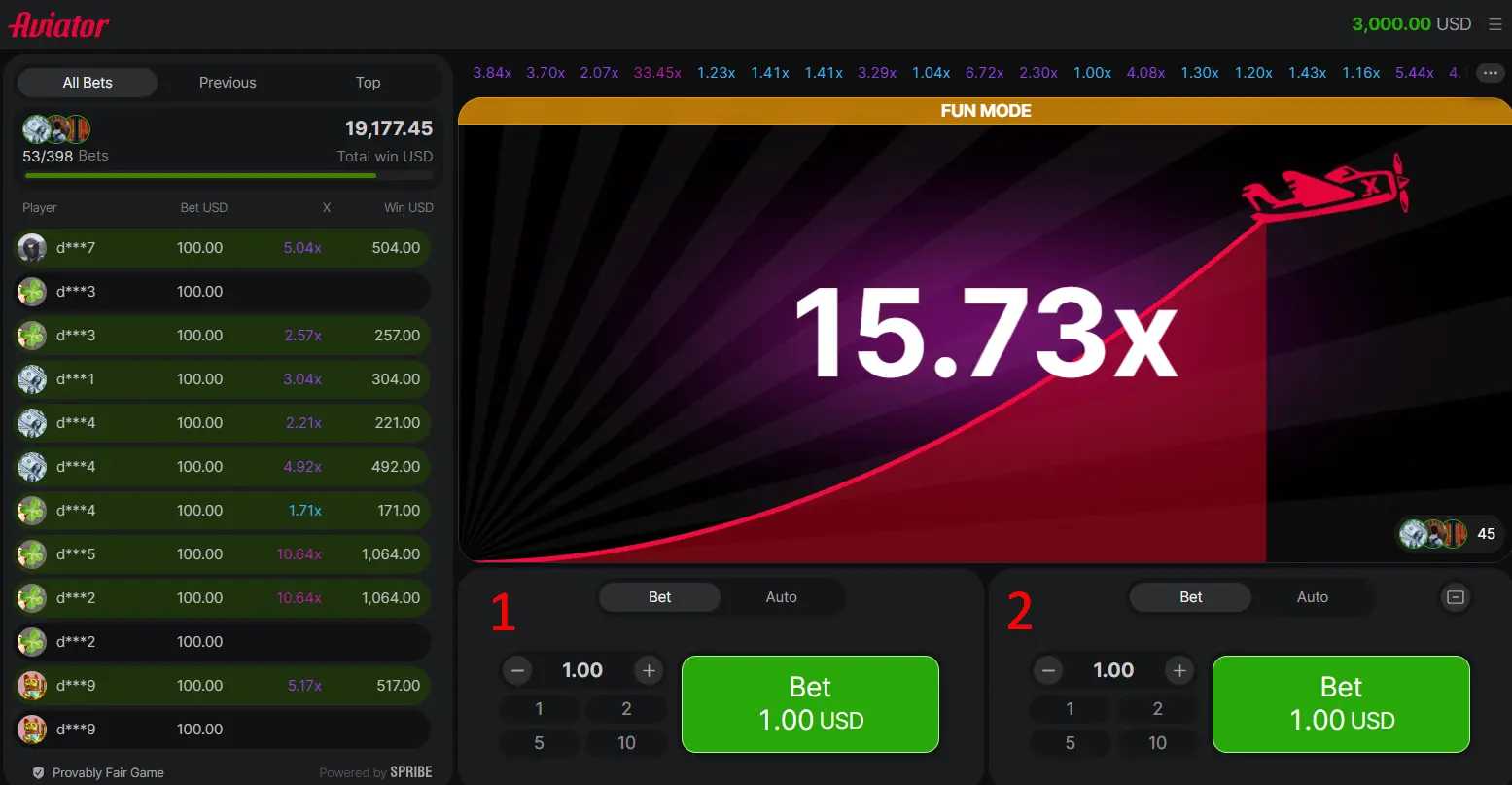 Aviator betting interface na nagpapakita ng double bets at auto functions