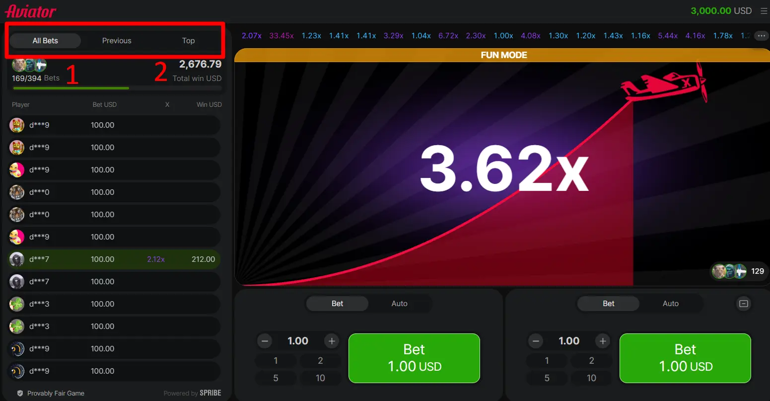 Aviator game interface showing betting options at statistics